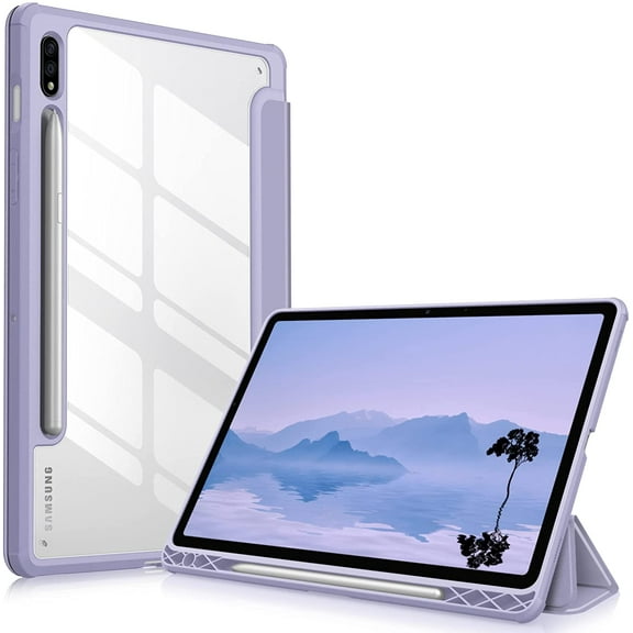 Fintie Hybrid Slim Case for Samsung Galaxy Tab S8/Tab S7 11 inch (Model SM-X700/X706/T870/T875/T878) with S Pen Holder, Shockproof Cover with Clear Transparent Back Shell, Auto Wake/Sleep,Lilac Purple