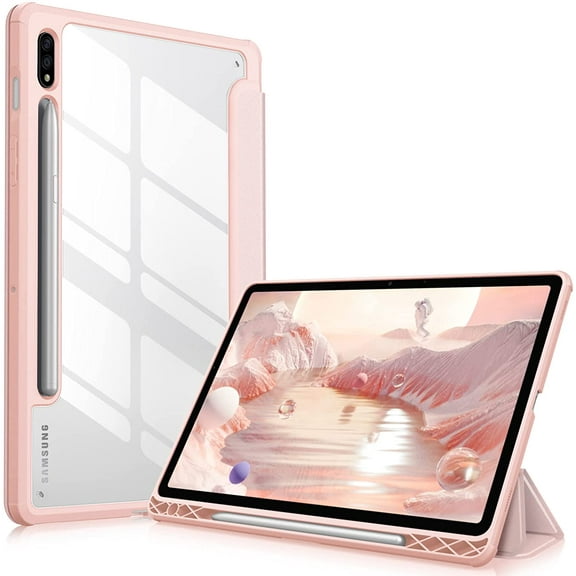 Fintie Hybrid Slim Case for Samsung Galaxy Tab S8/Tab S7 11 inch (Model SM-X700/X706/T870/T875/T878) with S Pen Holder, Shockproof Cover with Clear Transparent Back Shell, Auto Wake/Sleep, Rose Gold
