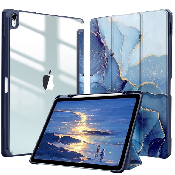 Fintie Hybrid Slim Case for iPad Air 13-inch M4/M3/M2 (2026/2025/2024) - Shockproof Cover with Clear Back Shell & Pencil Holder, Ocean Marble