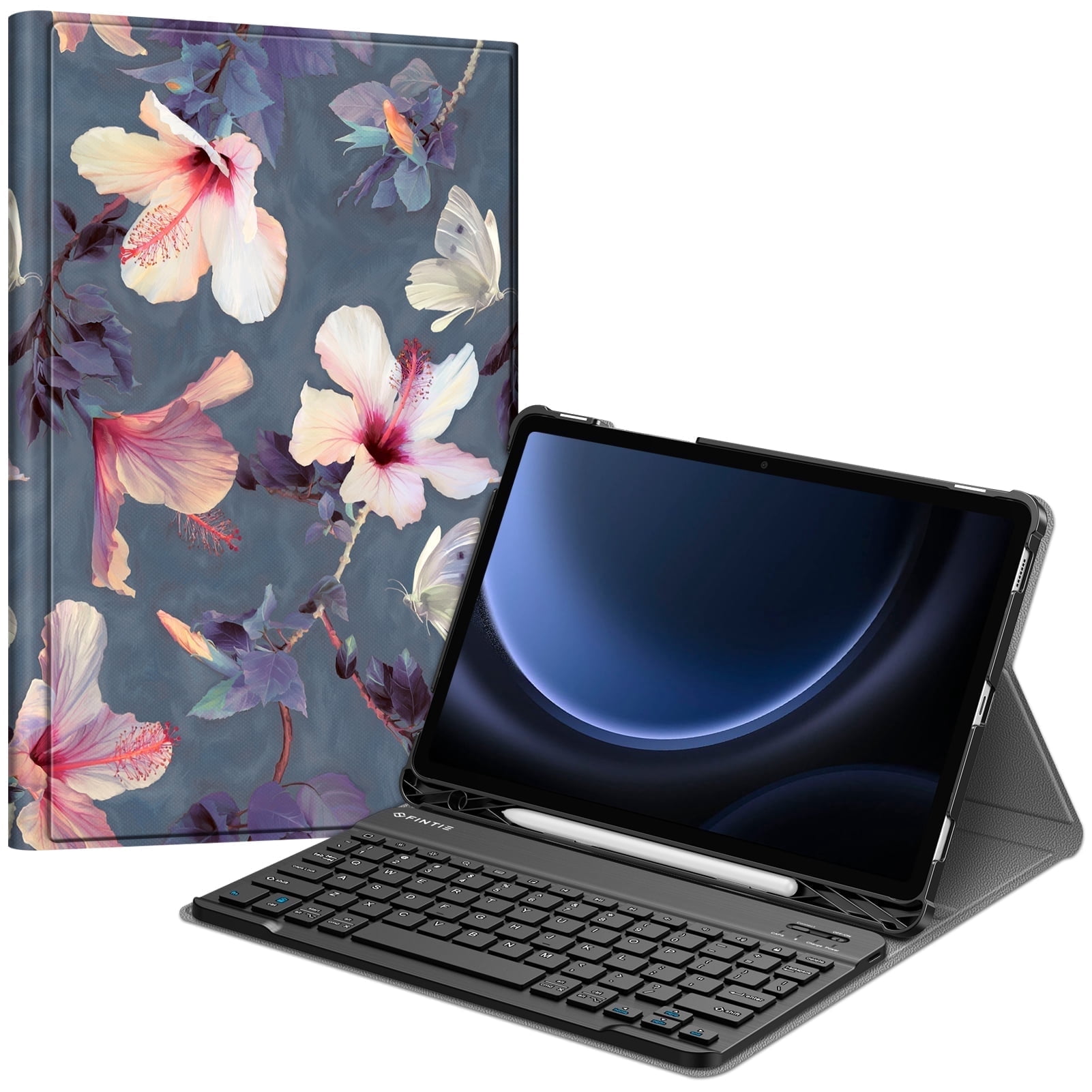 Fintie Keyboard Case for Samsung Galaxy Tab S10 Lite/ S10 FE/ S9 FE 5G 10.9 Inch/Tab S9 11 Inch with S Pen Holder, Slim Stand Cover Detachable Wireless Bluetooth Keyboard, Blooming Hibiscus