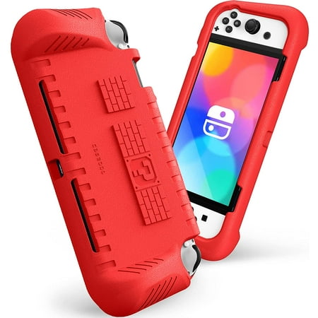 Fintie Kids Case for Nintendo Switch OLED Model 2021 with 2 Game Card Slots - [Kids Friendly] Ultralight Shockproof Protective Cover, Ergonomic Grip Case for Switch OLED Model Console 7.0", Red