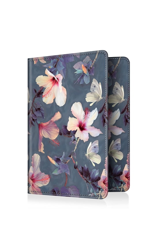 Passport Holder Travel Wallet RFID Blocking PU Leather Card Case Cover (Blooming Hibiscus)