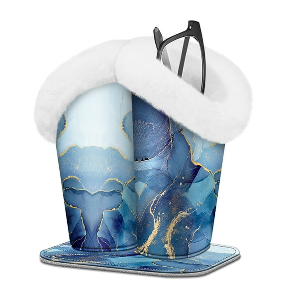 Fintie Plush Lined Double Eyeglasses Holder with Magnetic Base, Anti-scratch PU Leather Glasses Stand Case, Ocean Marble