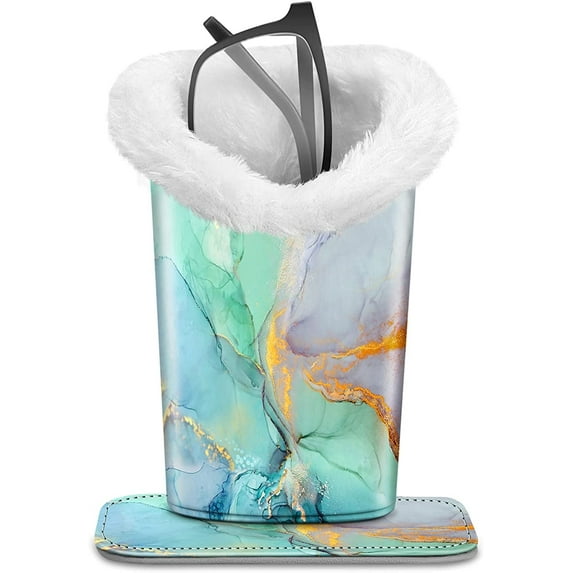 Fintie Plush Lined Eyeglasses Holder with Magnetic Base, PU Leather Glasses Stand Case, Emerald Marble
