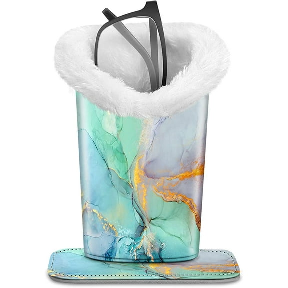 Fintie Plush Lined Eyeglasses Holder with Magnetic Base, PU Leather Glasses Stand Case, Emerald Marble