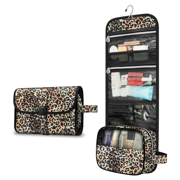 Fintie Portable Toiletry Cosmetic Travel Bag, Large Water Resistant Hanging Makeup Organizer Storage Pouch Case for Women Girls (Leopard)