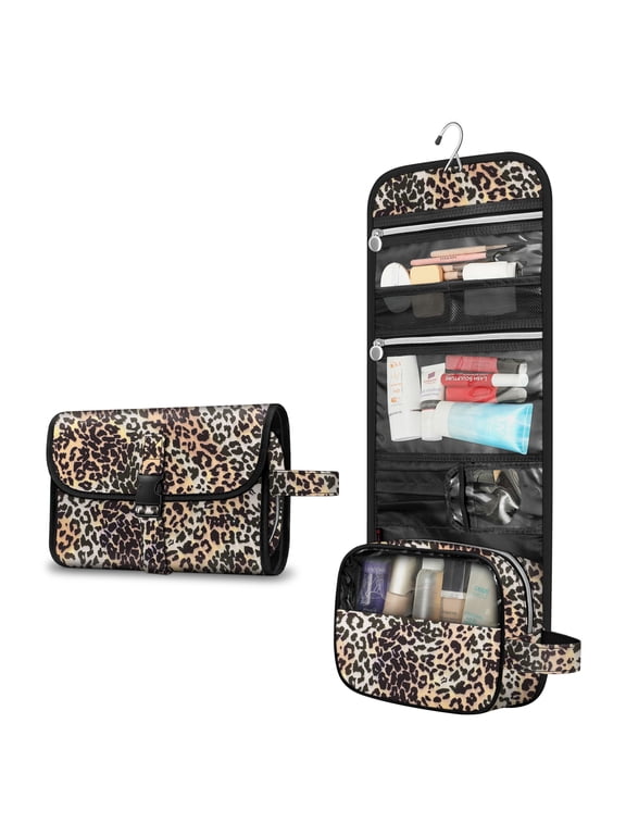 Portable Toiletry Cosmetic Travel Bag, Large Water Resistant Hanging Makeup Organizer Storage Pouch Case for Women Girls (Leopard)