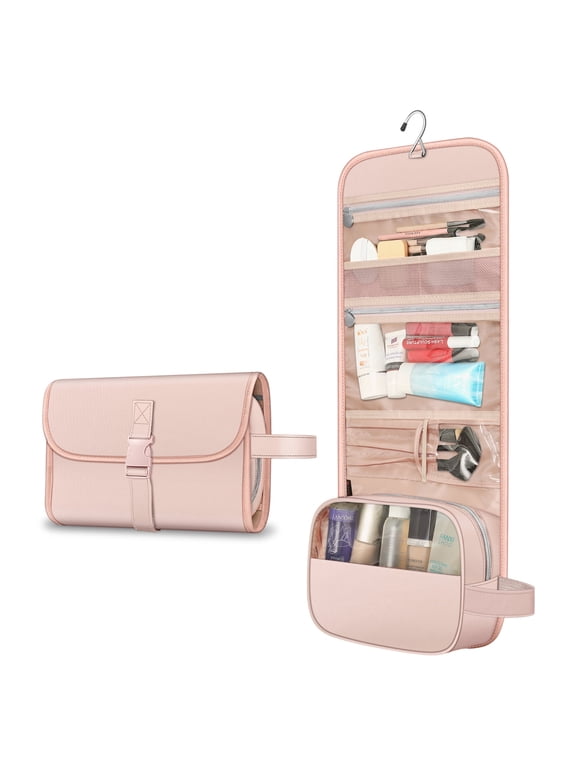 Portable Toiletry Cosmetic Travel Bag, Large Water Resistant Hanging Makeup Organizer Storage Pouch Case for Women Girls (Pink)