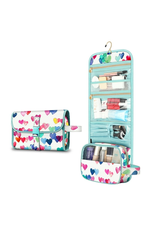 Portable Toiletry Cosmetic Travel Bag, Large Water Resistant Hanging Makeup Organizer Storage Pouch Case for Women Girls (Raining Hearts)