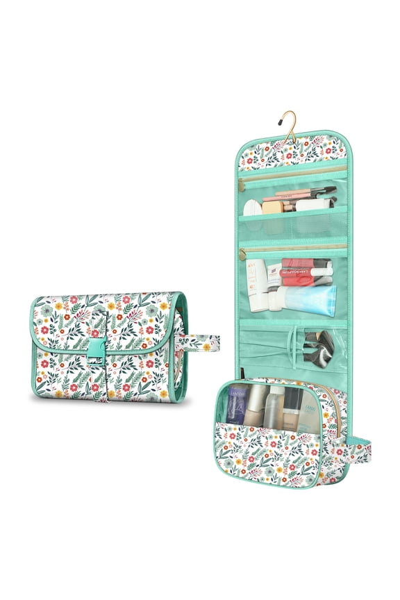 Portable Toiletry Cosmetic Travel Bag, Large Water Resistant Hanging Makeup Organizer Storage Pouch Case for Women Girls (Spring)