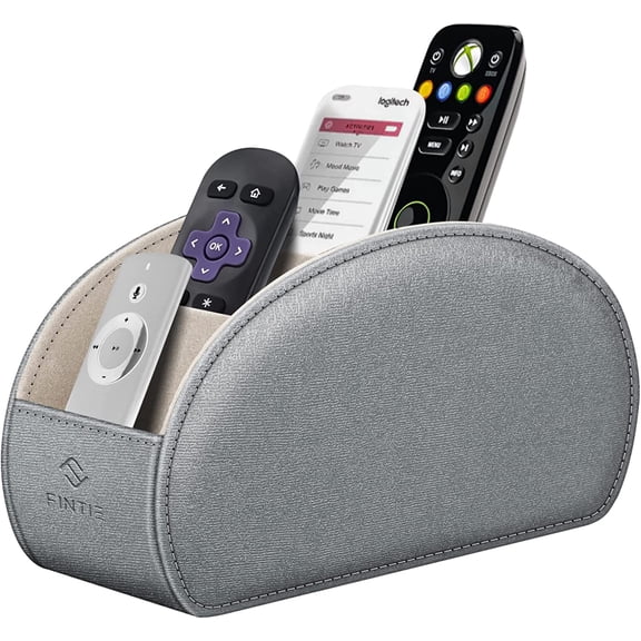Fintie Remote Control Holder for Table, Vegan Leather TV Remote Desk Caddy, 5 Compartments Desktop Organizer for TV Remotes, Media Controllers, Office Supplies (Metallic Gray)