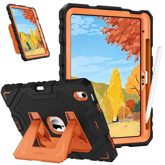 Fintie Rugged Case for iPad (A16) 11th Generation 11 Inch (2025), iPad 10th Generation 10.9 Inch (2022) - Heavy Duty Shockproof Kid-Friendly Protective Cover, Built-in Kickstand, Black/Orange