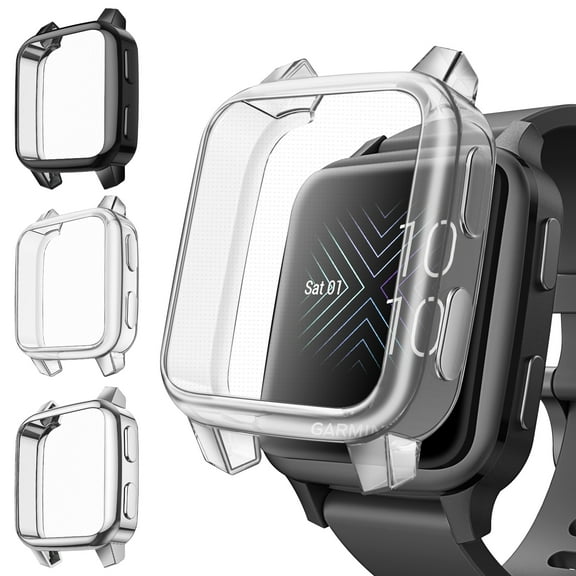 Fintie Screen Protector Case for Garmin Venu Sq 2 / Sq 2 Music – 3-Pack Soft TPU Full Coverage Bumper, Scratch-Resistant (Black/Clear/Silver)