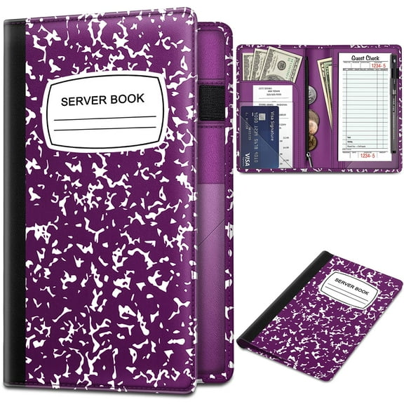 Fintie Server Book Organizer with Zipper Pocket, PU Leather Restaurant Guest Check Presenters Card Holder for Waitress, Waiter, Bartender (Composition Purple)