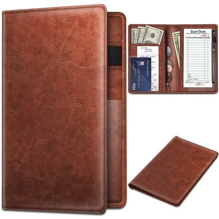 Fintie Server Book Organizer with Zipper Pocket, PU Leather Restaurant Guest Check Presenters Card Holder for Waitress Waiter Bartender, Vintage Brown