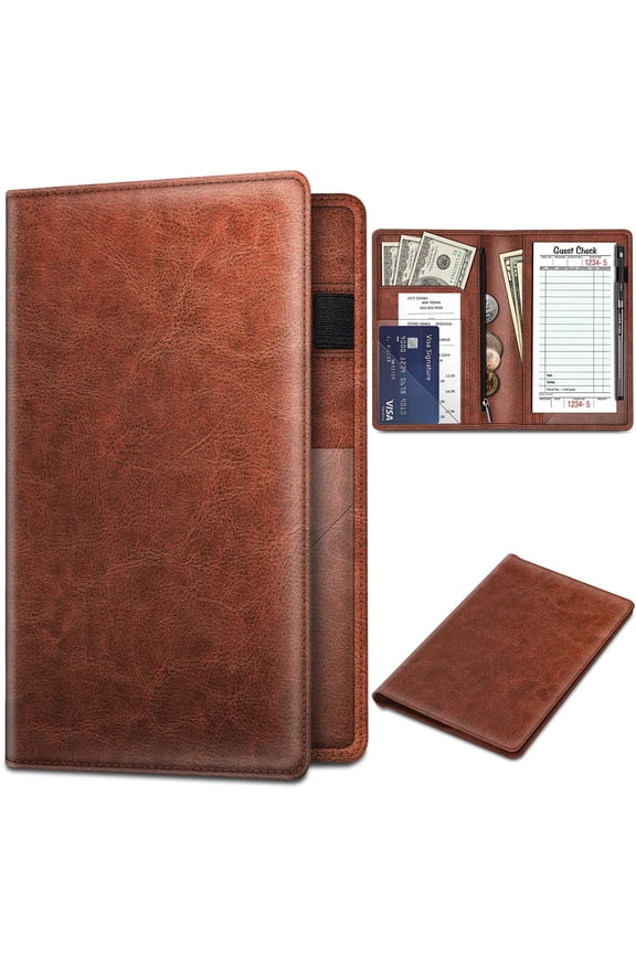 Server Book Organizer with Zipper Pocket, PU Leather Restaurant Guest Check Presenters Card Holder for Waitress Waiter Bartender, Vintage Brown