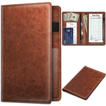 Fintie Server Book Organizer with Zipper Pocket, PU Leather Restaurant Guest Check Presenters Card Holder for Waitress Waiter Bartender, Vintage Brown