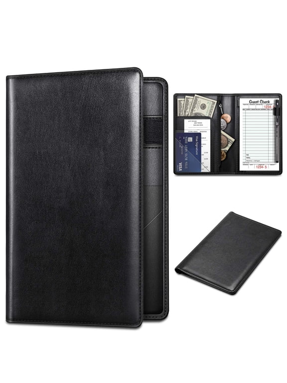 Server Book Organizer with Zipper Pocket, PU Leather Restaurant Guest Check Presenters Card Holder for Waitress, Waiter, Bartender, Black