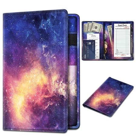 Fintie Server Book Organizer with Zipper Pocket, PU Leather Restaurant Guest Check Presenters Card Holder for Waitress Waiter Bartender, Galaxy