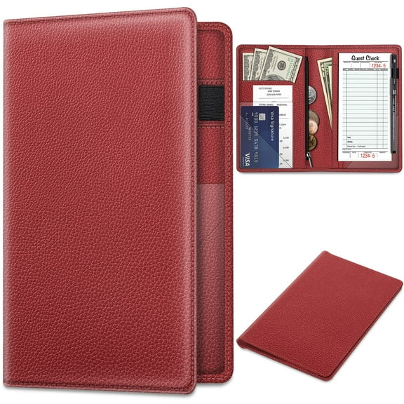 Fintie Server Book Organizer with Zipper Pocket, PU Leather Restaurant Guest Check Presenters Card Holder for Waitress, Waiter, Bartender (Poppy Red)