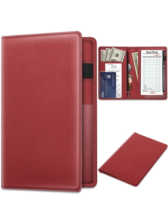 Server Book Organizer with Zipper Pocket, PU Leather Restaurant Guest Check Presenters Card Holder for Waitress, Waiter, Bartender (Poppy Red)