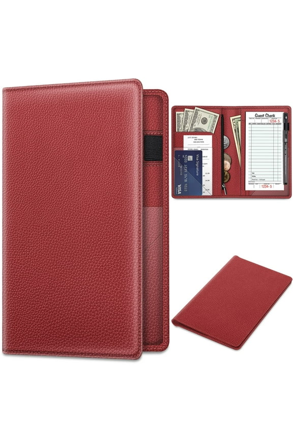 Server Book Organizer with Zipper Pocket, PU Leather Restaurant Guest Check Presenters Card Holder for Waitress, Waiter, Bartender (Poppy Red)