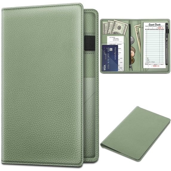 Fintie Server Book Organizer with Zipper Pocket, PU Leather Restaurant Guest Check Presenters Card Holder for Waitress Waiter Bartender, Sage Green
