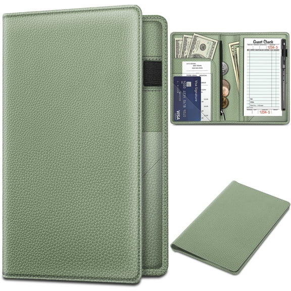 Fintie Server Book Organizer with Zipper Pocket, PU Leather Restaurant Guest Check Presenters Card Holder for Waitress Waiter Bartender, Sage Green