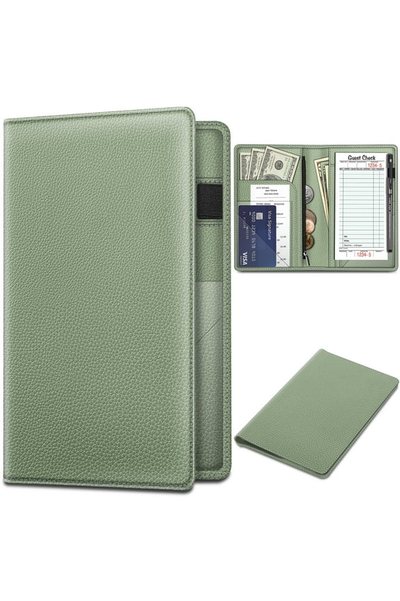 Server Book Organizer with Zipper Pocket, PU Leather Restaurant Guest Check Presenters Card Holder for Waitress Waiter Bartender, Sage Green