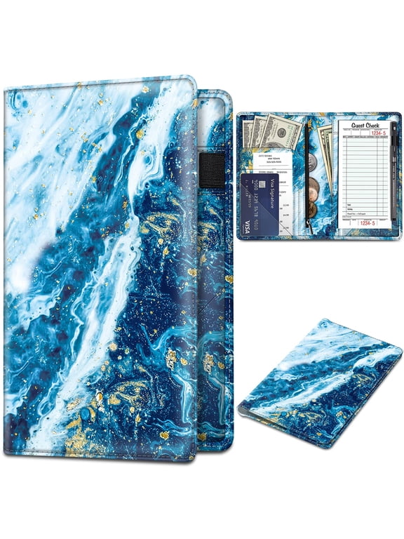 Server Book Organizer with Zipper Pocket, PU Leather Restaurant Guest Check Presenters Card Holder for Waitress Waiter Bartender, Sandy Wave