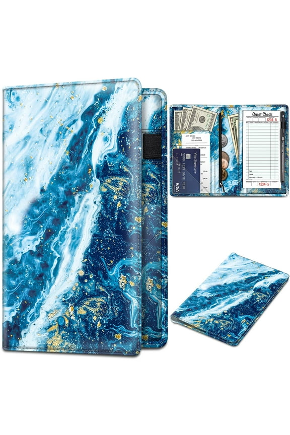 Server Book Organizer with Zipper Pocket, PU Leather Restaurant Guest Check Presenters Card Holder for Waitress Waiter Bartender, Sandy Wave