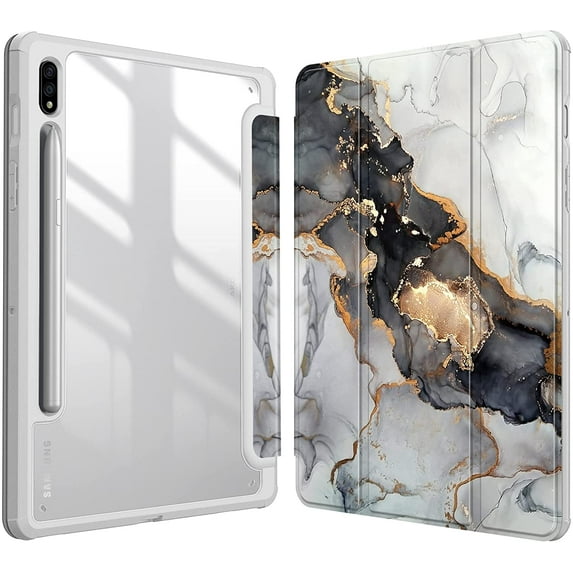 Fintie Shockproof Case for Samsung Tab S8 11 2022/ Tab S7 11 inch 2020 Tablet, Built-in S Pen Holder Hybrid Slim Cover Clear Transparent Back Shell, Auto Wake/Sleep,, Cloudy Marble