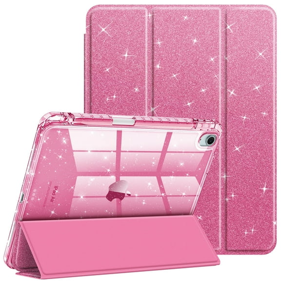 Fintie Slim Case with Pencil Holder for iPad Air 11" M3 (2025) / M2 (2024), iPad Air 10.9" 5th/4th Gen – Sparkly Glitter Cover with Clear Back Shell, Pink
