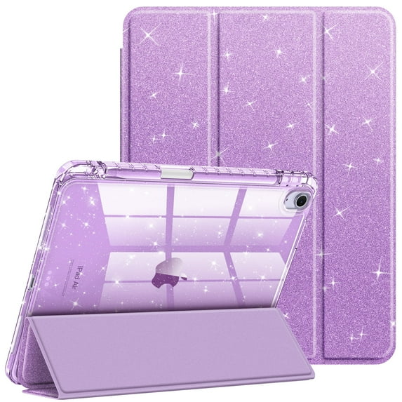 Fintie Slim Case with Pencil Holder for iPad Air 11" M3 (2025) / M2 (2024), iPad Air 10.9" 5th/4th Gen – Sparkly Glitter Cover with Clear Back Shell, Purple