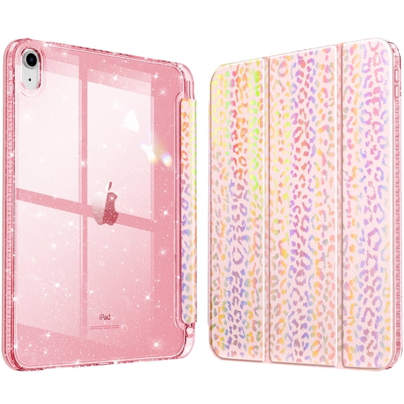 Fintie Slim Case for iPad (A16) 11th Generation 11 Inch (2025), iPad 10th Generation 10.9 Inch (2022) - Glittering Sparkly Protective Cover with Shiny Clear Back Shell w/ Pencil Holder, Pink Leopard