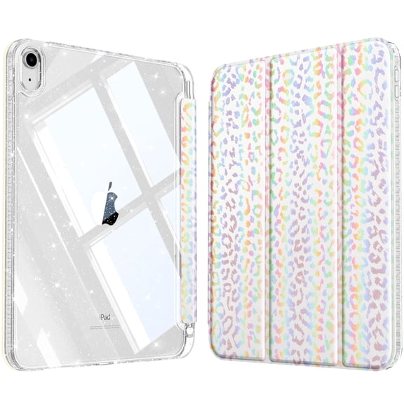 Fintie Slim Case for iPad (A16) 11th Generation 11 Inch (2025), iPad 10th Generation 10.9 Inch (2022) - Glittering Sparkly Protective Cover with Shiny Clear Back Shell w/ Pencil Holder, White Leopard
