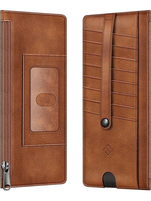 Slim Credit Card Wallet Holder Change Pouch, RFID Blocking Business Cards Cases with Zipper Pocket for Cash, Coin, Receipt, ID Card - Brown