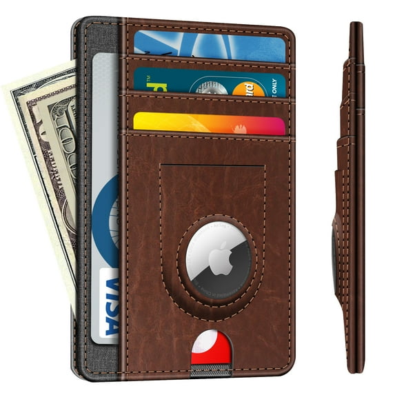 Fintie Slim Minimalist Front Pocket Wallet with Built-in Case Holder for AirTag, 7 Slots Leather Wallet with AirTag Holder, RFID Blocking Cash Credit Card Wallet Compatible with AirTag