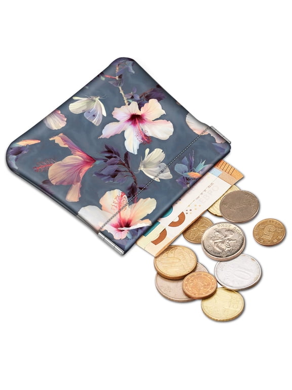 Squeeze Coin Purse,PU Leather Coin Pouch Change Holder for Woman Girls,Blooming Hibiscus