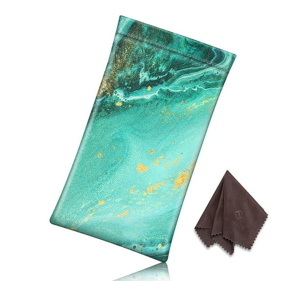 Fintie Squeeze Top Eyeglasses Pouch with Cleaning Cloth, Leather Soft Glasses Case Anti-Scratch Sunglasses Bag,Aqua Wave