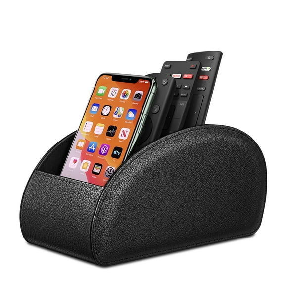 Fintie TV Remote Control Holder Desktop Organizer - PU Leather Storage Caddy with 5 Compartments Fits Office Supplies, Makeup Brush, Black Large