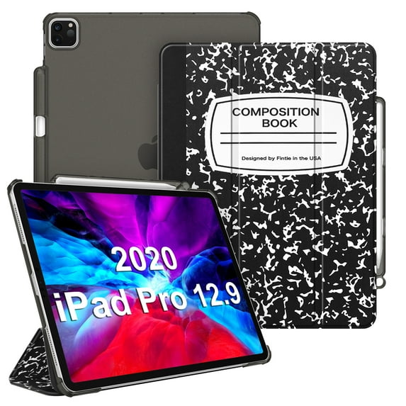 Fintie Translucent Case for iPad Pro 12.9" 4th & 3rd Generation 2020/2018 with Pencil Holder - Lightweight Cover SlimShell Frosted Stand Hard Back, Auto Wake/Sleep, Composition Book