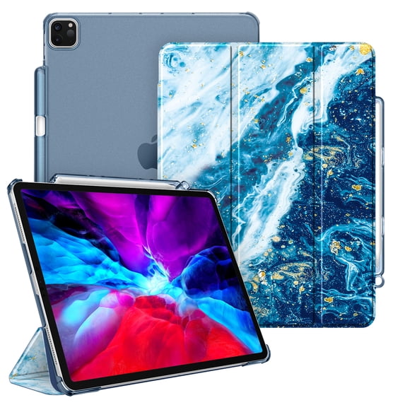 Fintie Translucent Case for iPad Pro 12.9" 4th & 3rd Generation 2020/2018 with Pencil Holder - Lightweight Cover SlimShell Frosted Stand Hard Back, Auto Wake/Sleep, Sandy Wave