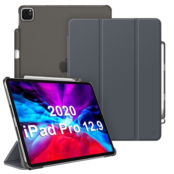 Fintie Translucent Case for iPad Pro 12.9" 4th & 3rd Generation 2020/2018 with Pencil Holder - Lightweight Cover SlimShell Frosted Stand Hard Back, Auto Wake/Sleep, Space Gray