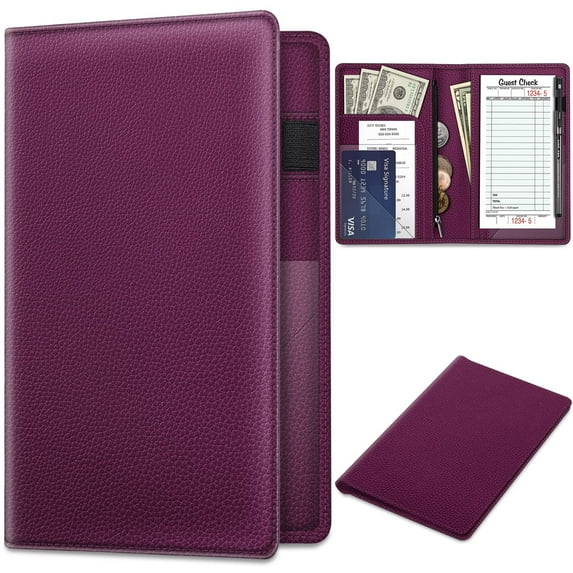 Fintie Server Book Organizer with Zipper Pocket, PU Leather Restaurant Guest Check Presenters Card Holder for Waitress, Waiter, Bartender, Purple