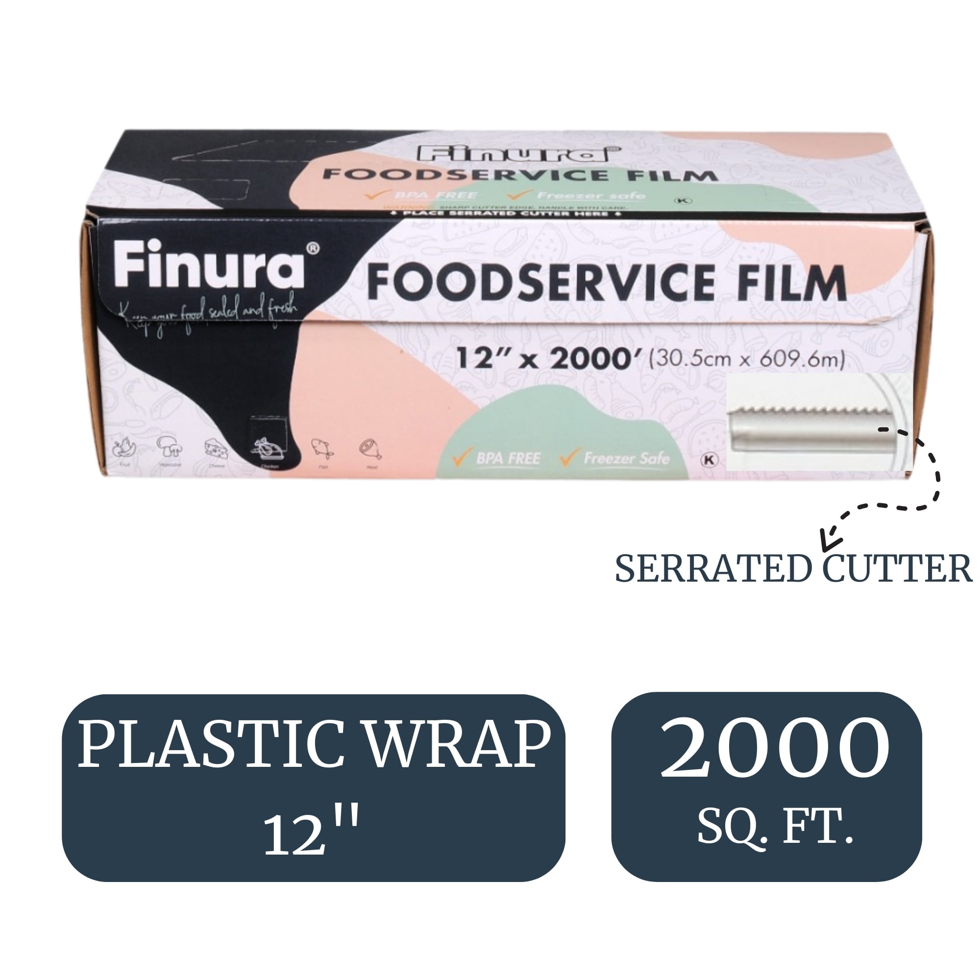 Finura Foodservice Plastic Wrap Film, Serrated Cutter, BPA Free, Antifog, Optimum Cling