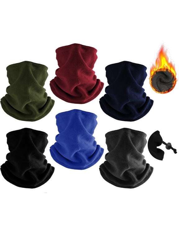 6 Pack Winter Neck Warmer Fleece Neck Gaiter Windproof Face Cover Scarf, Black&Winered&Navy&Green&Royablue&Gray