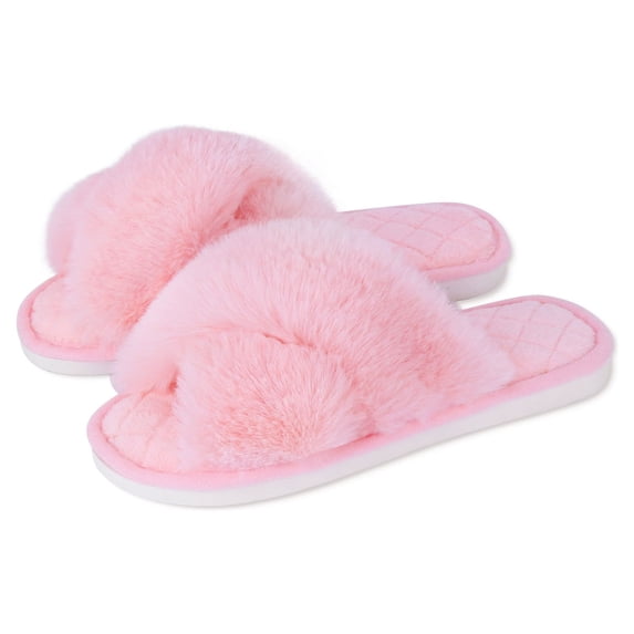 Finvizo Fuzzy Slippers Women's Cross Band Fluffy Slippers Open Toe Furry House Slippers Size 4 5,Pink