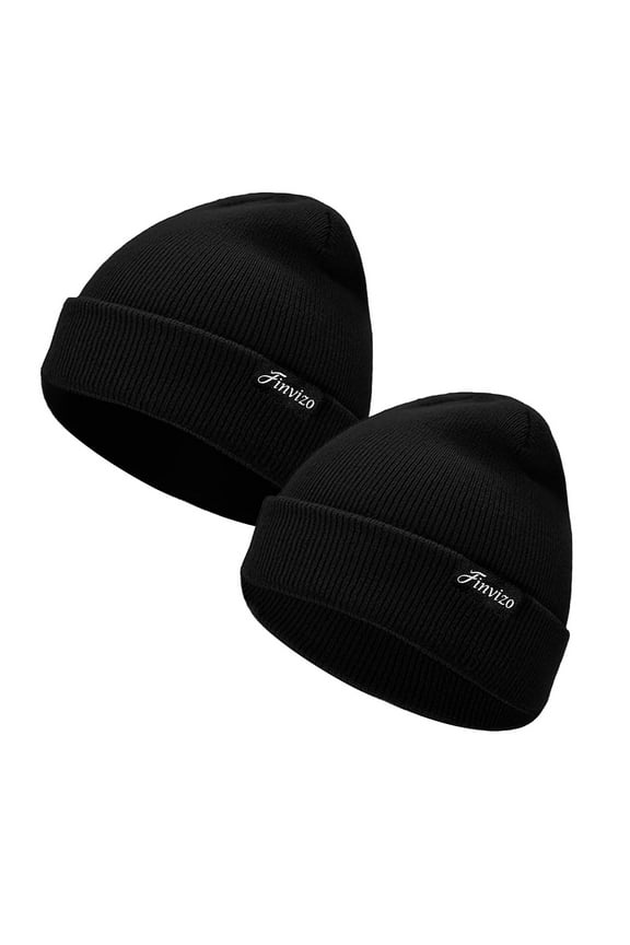 Winter Beanie Hats for Men Women: 2 Pack Knit Cuffed Beanies Skull Caps Unisex Warm Hat, Black