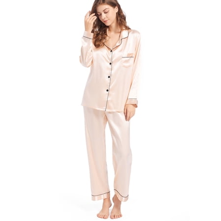 Finvizo Womens Silk Satin Pajamas Long Sleeve Set Two-piece Sleepwear Silky Button-down Nightwear Soft Loungewear Sets, Champagne XL